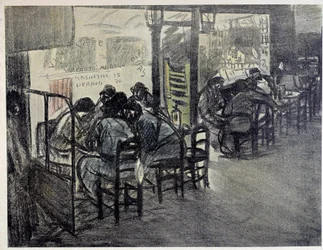 No terraço do café (Na vitrine está escrito "Absinto 15", "Pernod 20") Desenho de Theophile Alexandre Steinlen (1859-1923) Paris do século XX, Musee Carnavalet