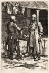 Um comerciante persa e fabricante de mulas numa aldeia da Arménia, gravado após um desenho do autor, ilustrando a viagem no Lazistão e na Arménia, de Theophile Deyrolles, em 1869, publicado em "Le tour du monde" 1875, editado por Edouard Charton, Hache