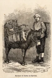 Um comerciante de carvão, com o seu burro, em Djewilisk (Anatólia do Norte), gravado após um desenho do narrador, ilustrando uma viagem no Lazistão e Arménia, de 1869, de Theophile Deyrolle, publicado em "Le tour du monde" 1875, editado por Edouard Charton
