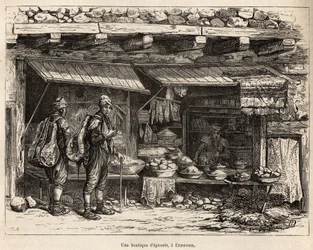 Uma mercearia em Erzeroum (Armênia), gravada após um desenho do autor, ilustrando a viagem no Lazistão e Armênia, de Theophile Deyrolles, em 1869, publicado em "Le tour du monde" 1875, editado por Edouard Charton, edição Hachette, Paris.