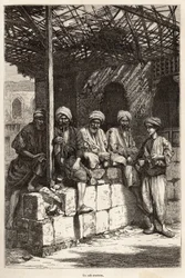 Um café armênio, um lugar de convívio masculino, para beber café e fumar o cachimbo, gravado após um desenho do autor, ilustrando a viagem no Lazistão e Armênia, de Theophile Deyrolles, em 1869, publicado em "Le tour du monde" 1875, e