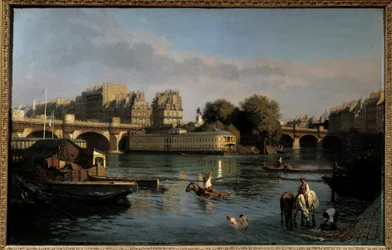 A nova ponte e a ponta da Ile de la Cite. Vista de Paris. Pintura de Theophile Meunier (1800-1884)