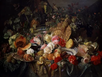 Natureza morta de rosas e frutos. Pintura de Theude Gronland (1817-1876)