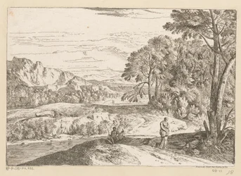 Paisagem da Arcádia com um pescador por um riacho Suite de Paysages (título da série)