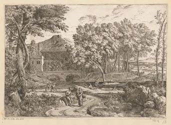 Paisagem da Arcádia com um rebanho de cabras à beira da água e uma mãe com filho em um caminho com outras figuras Suite de Paysages (título da série)