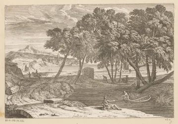 Paisagem da Arcádia com um pescador em um barco Suite de Paysages (título da série)