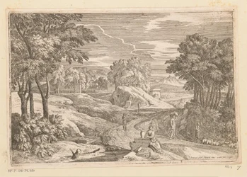 Paisagem arcadiana com uma mulher sentada perto de uma jarra e outras figuras
Suite de Paysages (título da série)