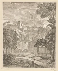 Paisagem árcade com uma cachoeira e uma mulher debaixo de uma árvore Suite de paysages (título da série)