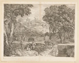 Paisagem arcadiana com dois homens e uma mulher portadora de fruta