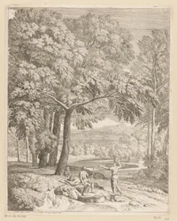 Paisagem da Arcádia com dois homens e uma mulher carregando uma cesta Suite de paysages (título da série)