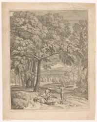 Paisagem da Arcádia com dois homens e uma mulher carregando uma cesta Suite de paysages (título da série)