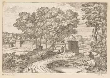 Paisagem Arcadian com duas mulheres por uma fonte Suite de Paysages (título da série)