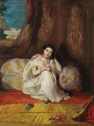 Jovem rapariga mourisca, sentada num interior luxuoso, Almée, 1853.