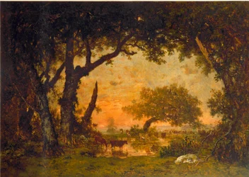 Saída da floresta em Fontainebleau, pôr-do-sol (óleo sobre tela