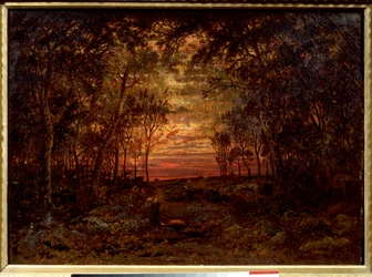 Pôr-do-sol na floresta Pintura por Theodore Rousseau (1812-1867) Século XIX Escola Barbizon. Dim. 0,46x0,62m. Óleo sobre tela...