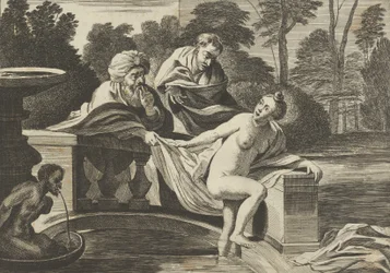 Susana, parcialmente nua e a sair de uma fonte, com dois anciãos à esquerda, um dos quais..., c. 1656-60