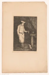 Interior escuro com um cozinheiro segurando um pedaço de carne para um gato Le déjeuner du chat (título no objeto) Eaux-Fortes Modernes: Originales et Inédites (título da série)