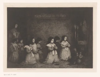 Grupo de meninas em oração em frente a uma estátua de Maria La Priere (título no objeto) Eaux-Fortes Modernes: Originales et Inédites (título da série)