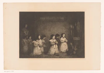 Grupo de meninas em oração em frente a uma estátua de Maria La Priere (título no objeto) Eaux-Fortes Modernes: Originales et Inédites (título da série)