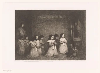 Grupo de raparigas em oração em frente de uma estátua da Virgem Maria
La Prière (título sobre o objecto)
Eaux-Fortes Modernes: Originales et Inédites (título da série)