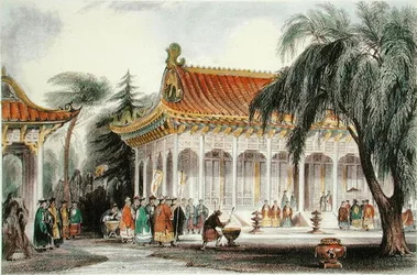 O Salão do Público no Palácio do Yuen-ming-Yuan, Pequim, c.1850 (cor litho)