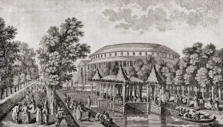 Ranelagh Gardens, Chelsea, Londres, Inglaterra. O exterior da Rotunda em Ranelagh Gardens, a "Casa Chinesa", e parte do terreno, após a gravura de Thomas Bowles