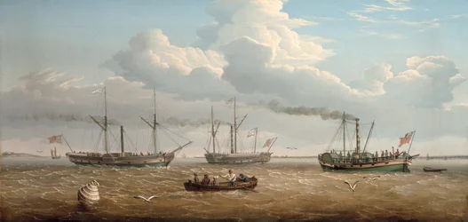 Três navios a vapor com pás, "Kingston", "Prince Frederick" e "Calder" de Selby em Hull Roads, c.1823 (óleo sobre tela)