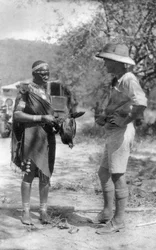 Errol Hinds fazendo um acordo em galinhas, Wankie para Victoria Falls, Rodésia do Sul, 1925 1927
