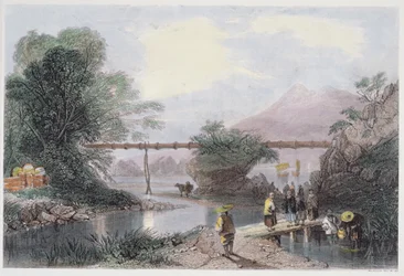 Aqueduto de bambu em Hong Kong, gravado por Henry Adlard, de &39;China em uma série de vistas&39; por George Newenham Wright (c.1790-1877) 1843
