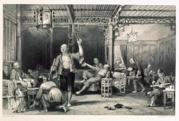 Fumantes chineses do ópio, de "China em uma série de vistas" por George Newenham Wright (c.1790-1877) 1843