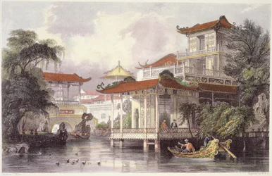 Casa de um comerciante chinês perto de Canton, de &39;China em uma série de vistas&39; por George Newenham Wright (c.1790-1877) 1843