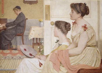 Cena da sala de desenho com um jovem padre no piano, final do século 19