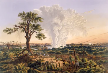 As cataratas ao nascer do sol com a nuvem de borrifos a elevar-se 1.200 pés, 1865