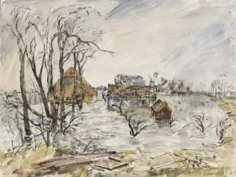 A ilha de Walcheren (Países Baixos) inundada. Pintura de Thomas Hennel (1903-1945), aguarela, 1944