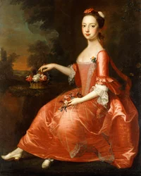 Retrato de uma jovem senhora, sentada de corpo inteiro, vestindo um vestido vermelho