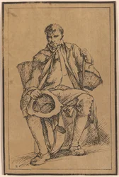 Quarenta impressões litográficas de desenhos de paisagens de Thomas Barker, selecionados de seus estudos de figuras rústicas após a natureza: [Homem sentado com cestos segurando chapéu e bengala
