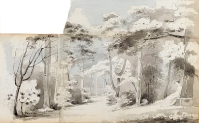 Uma jovem mulher, talvez Charlotte Nelson, sentada num caramanchão numa paisagem arborizada
