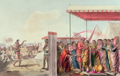 Jogando o Hohlee, de &39;A Mahratta Camp&39;, 5 de abril de 1813 (gravura a cores)