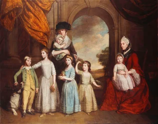 Um retrato de grupo das crianças Craven, de corpo inteiro, diante de um arco com uma paisagem além, 1776