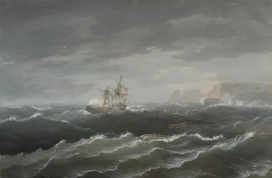 Naufrágio perto de uma costa rochosa