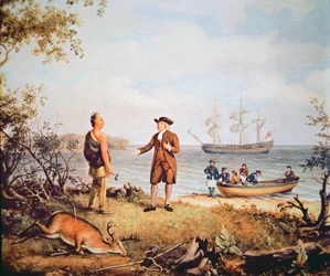William Penn chega à América pela primeira vez e conhece um nativo americano em 1682 (óleo sobre tela)