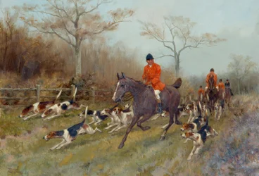 Caçadores e cães de caça numa paisagem arborizada