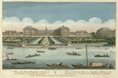 Uma vista do hospital real em Chelsea e na rotunda em jardins de Ranelaigh, bar. por Robert Sayer, 1751
