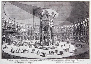 A vista interior da Rotunda em Ranelagh Gardens com a Companhia ao pequeno-almoço, do "Survey of the Cities of London and Westminster" de John Stowe