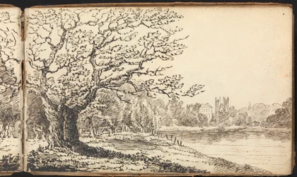 Álbum de Estudos da Paisagem e das Figuras: Árvores ao longo de um rio com edifícios à distância