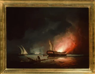 Fragata em chamas após uma batalha naval