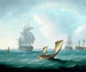 Navios de guerra britânicos e um casco na ondulação, um veleiro em primeiro plano