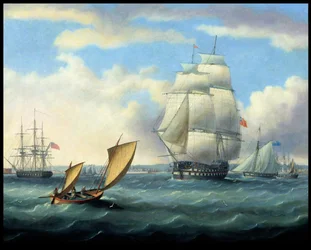 &39;Euryalus&39; (capitão Blackwood), &39;Thunderer&39; e &39;Ajax&39; deixando Plymouth no caminho para Cadiz e a Batalha de Trafalgar (1805), Lugger em primeiro plano