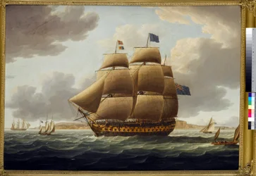 O "Ville de Paris", em plena vela, um navio de primeira classe com 110 canhões da Marinha britânica, construído em 1795, nos estaleiros de Chatham (Inglaterra)