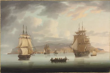 Funchal Roadstead, HMS Blenheim com Greyhound e Harrier Outward Bound, 1805